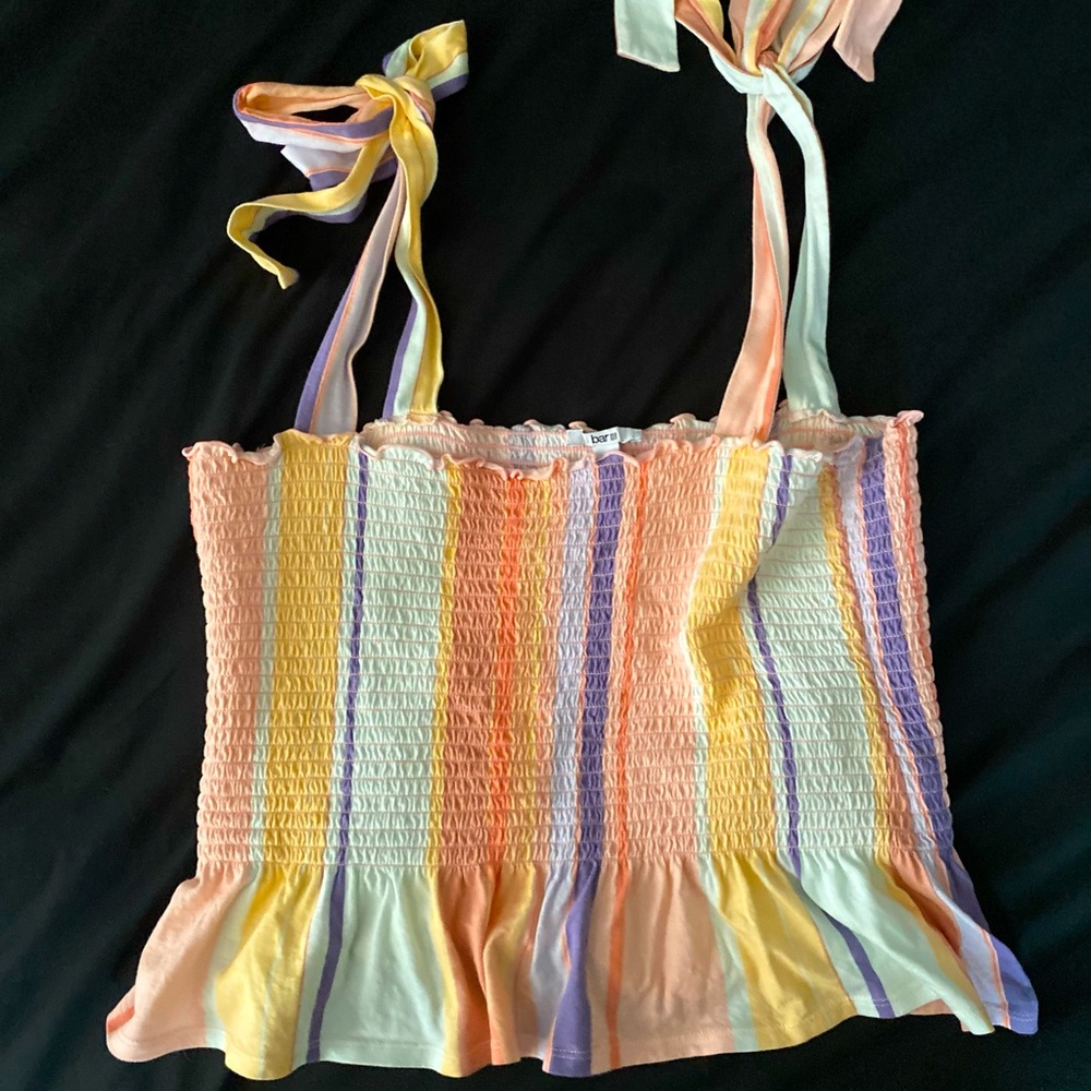 Bar III Striped Top with Tie Straps & Ruffle Hem